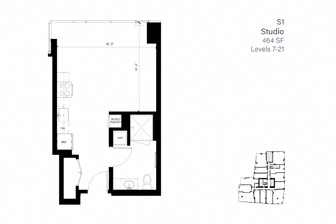 Floor plan for studio, 1 bath, 464 sqft